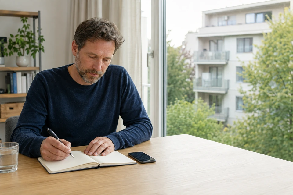 Symbolische Vorbereitung einer Rückmeldung zu einem Immobilienanliegen.